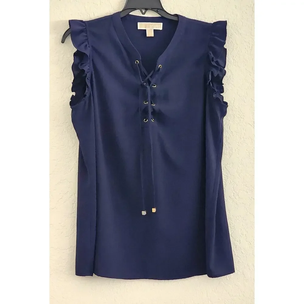 Michael Kors Women's L Navy Blue Ruffle Sleeve Lace Up Blouse Gold Hardware Top
